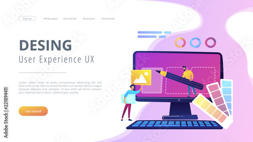 Designers are working on the desing of web page. Web design, User Interface UI and User Experience UX content organization. Web design development concept. Website landing web page template.