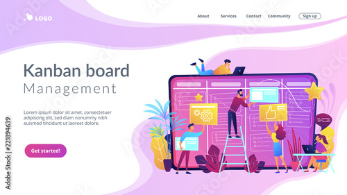 Team members moving cards on large kanban board. Teamwork, communication, interaction, business process, agile project management concept, violet palette. Website landing web page template.