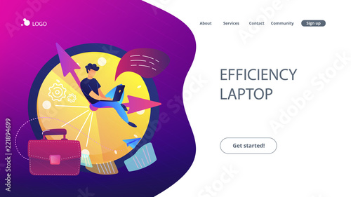 A freelance developer sitting on the clock hands with a laptop. Time management, productivity, efficiency, work rate, perfomance concept, violet palette. Website landing web page template.