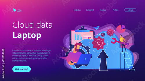 Developer working on laptop with cloud data. Computing applications  developing cloud system  cloud resourses solving business problems concept  violet palette. Website landing web page template.