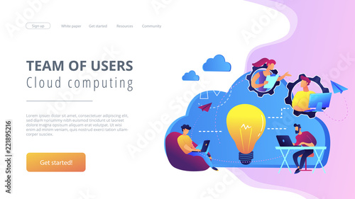 Coworking team of users connected by cloud computing and light bulb. Online collaboration, remote business management, wireless computing service concept, violet palette. Website landing web page