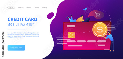 Credit card with dollar coin and users. E-commerce and online shopping, financial operations and plastic card, mobile payment and banking concept, violet palette. Website landing web page template.