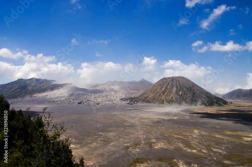 View on caldera of old volcano Tengger with Bromo and Batok volcanoes located there, Bromo Tengger Semeru National Park, East Java, Indonesia.