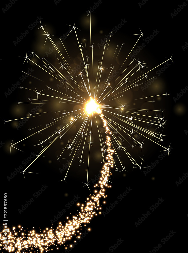 Obraz premium Golden sparkling petard or firework on black background.