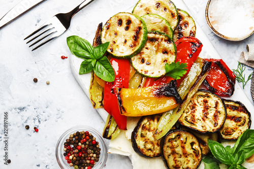 Konstfotografi Grilled colorful vegetables, aubergines, zucchini, pepper with spice and green b