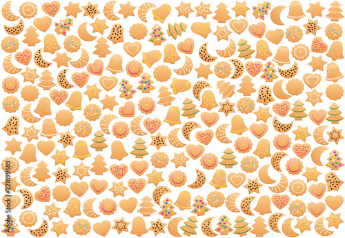 Christmas cookies loosely arranged. Many shortbread biscuits with different familiar shapes and colorful sweet decorations. Isolated vector illustration on white background.
