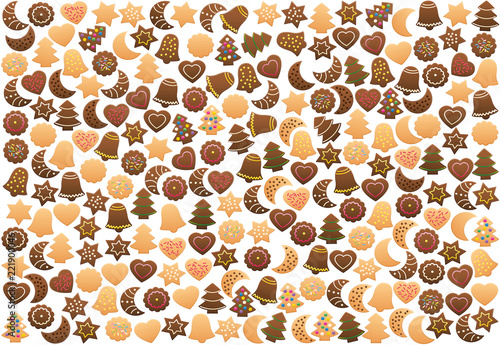 Christmas cookies background, loosely arranged. Plenty of shortbread biscuits, gingerbread and chocolate cookies, with different familiar shapes and colorful candy decorations. Isolated on white.
