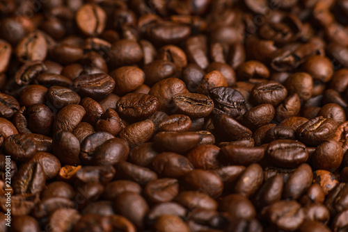 The texture of roasted coffee beans. Macro image