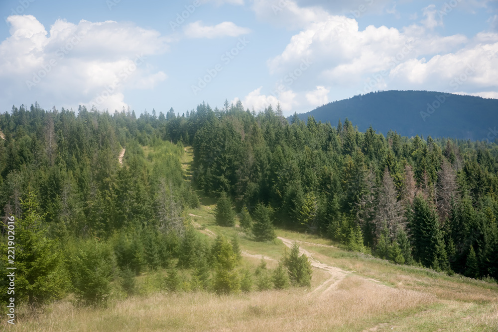 View of the beautiful mountain range and the beautiful sky (Carpathians, Ukraine).