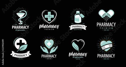 Drugstore, pharmacy set of logos or labels. Medicine, health, hospital symbol. Vector illustration