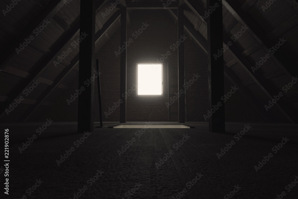 3d rendering of darken empty attic with light at window - obrazy, fototapety, plakaty 