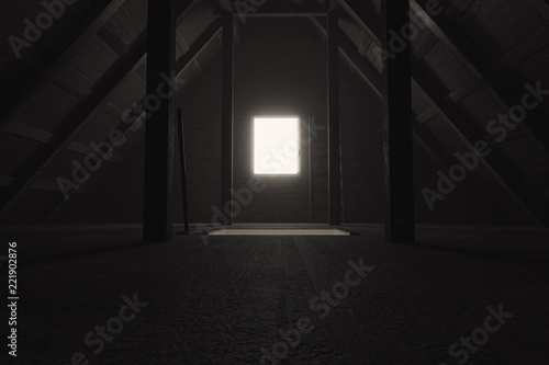 3d rendering of darken empty attic with light at window photo