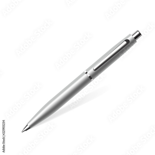 Realistic silver ball pen with soft shadow. Vector