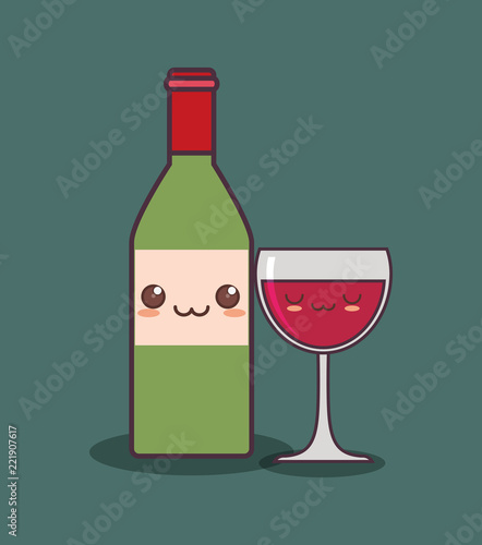 wine bottle and cup kawaii character
