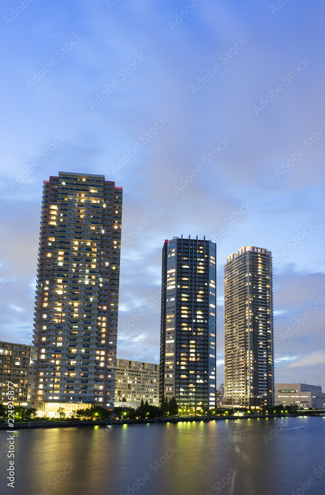 night scene of high rise apartments at tatsumi koto ward tokyo