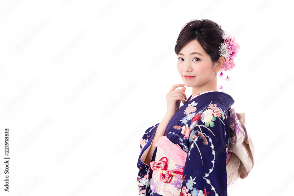 portrait of young asian woman wearing purple kimono on white background portrait of young asian woman wearing purple kimono on white background