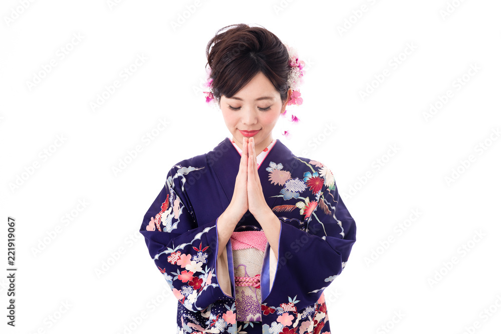 portrait of young asian woman wearing purple kimono on white background portrait of young asian woman wearing purple kimono on white background