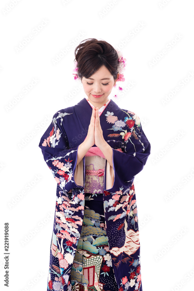 portrait of young asian woman wearing purple kimono on white background portrait of young asian woman wearing purple kimono on white background