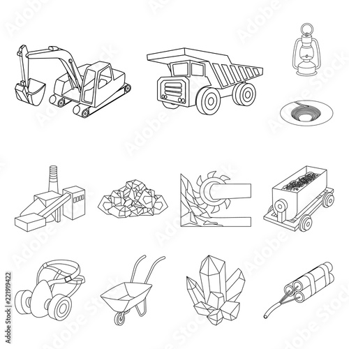 Mining industry outline icons in set collection for design. Equipment and tools vector symbol stock web illustration.