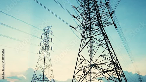 Green energy concept, Electricity station, Close up high voltage power lines at sunset. electricity distribution station. high voltage electric transmission pylon silhouetted  tower with 4k resolution