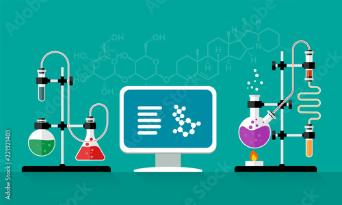 Chemistry lab and science equipment. Chemical experiment. Computer and glass flasks with solution in research laboratory.  Concepts for web banner and promotional material. Illustration in flat style