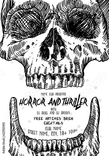 Hand drawn style Halloween poster design with Halloween skulls and calligraphy.  Black white flyer and party invitation designs. Vector.