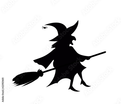Black silhouette of witch fly on broomstick isolated on white background.