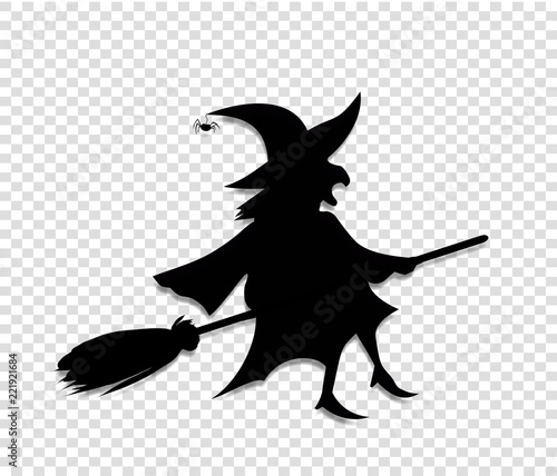 Black silhouette of witch fly on broomstick isolated on transparent background.