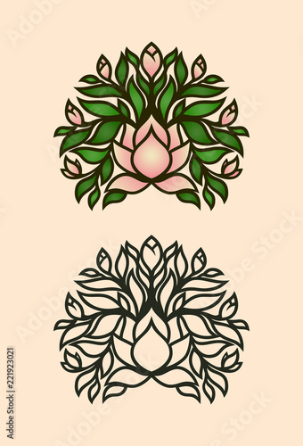 Magnolia bush icon with flowers and buds