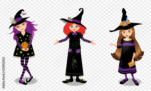 Halloween vector illustration of three young witch girls isolated on transparent background.