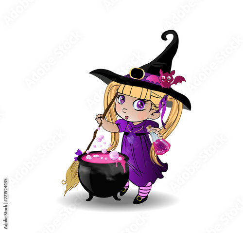 Little blonde baby witch girl in purple dress with broom and cauldron on transparent background clip art