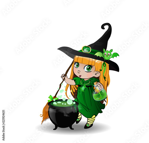 Halloween clip art character of little blonde baby witch girl in green dress with cauldron