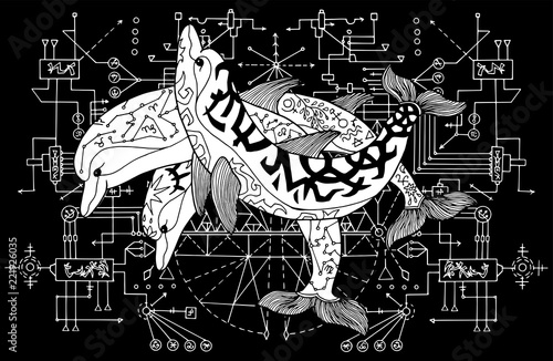 Three dolphins against white pattern with sacred geometry on black. Esoteric, occult and mysterious concept with sacred geometry elements, graphic vector illustration 