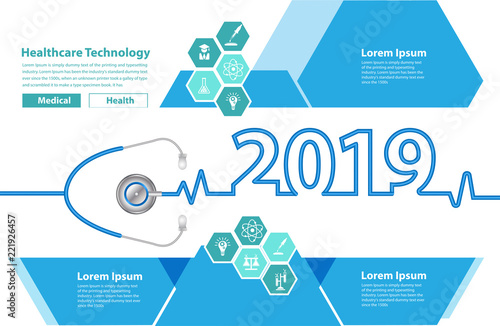 Medical brochure design template stethoscope heart creative ideas concept, Happy new year 2019 calendar cover, typography vector illustration