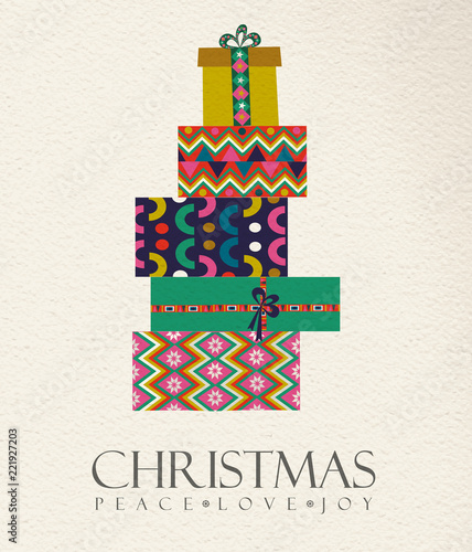 Christmas gift box card in vintage folk art style