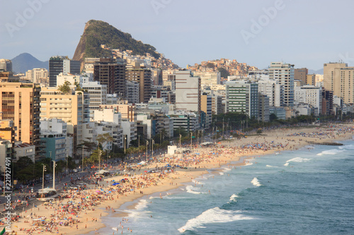 Aerial View of Leblon beach full of people at end the end of the afternoon