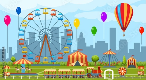 Amusement park. Fun park vector theme, kids carnival entertainments daytime, children amusing attractions cartoon illustration