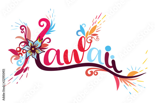 An illustration of the text Hawaii in a colorful floral style for t-shirt design on an isolated white background