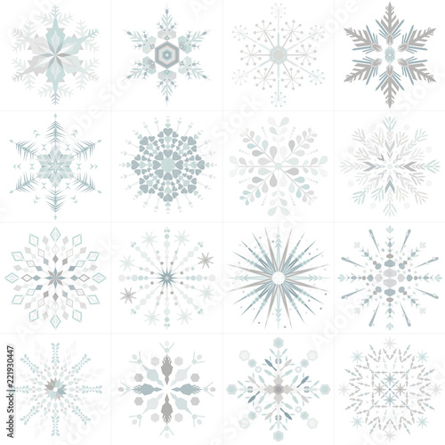 An abstract set of sixteen unique snowflake designson an isolated white background