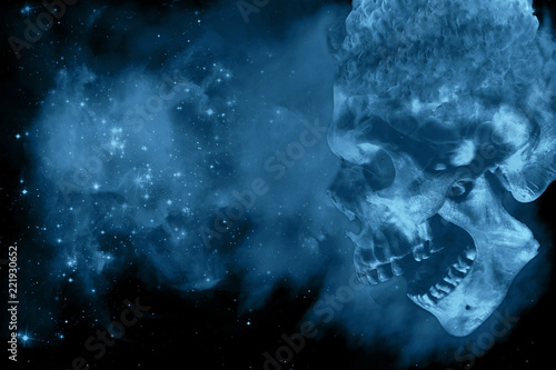 Fototapeta Naklejka Na Ścianę i Meble -  Abstract Powerful Fiery Demon Skull In Smoky Space Background