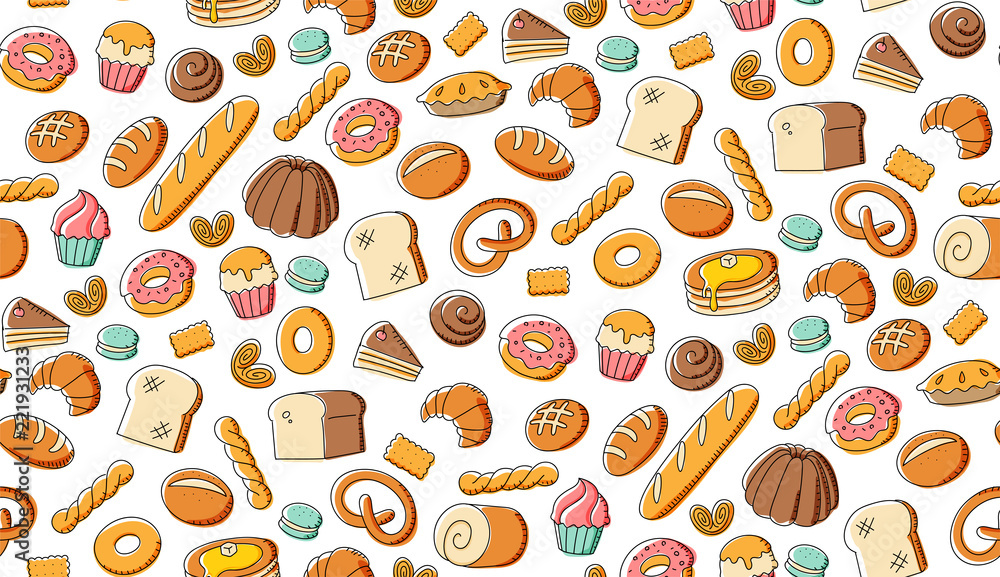 Seamless pattern background Bakery kids hand drawing set illustration colorful isolated on white background Seamless pattern background Bakery kids hand drawing set illustration colorful isolated on white background