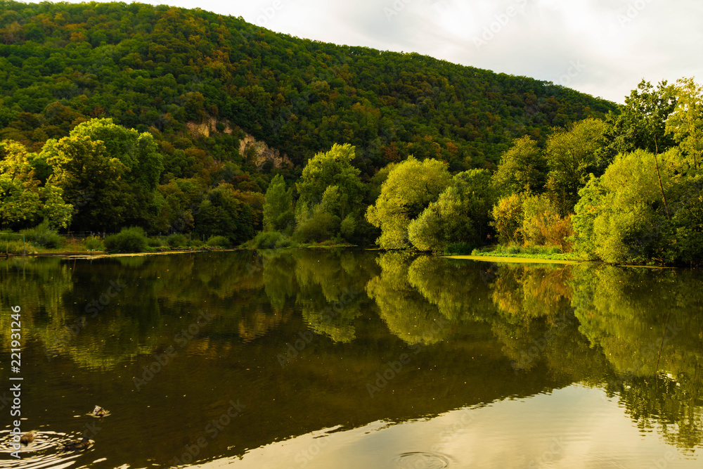 Bäume spiegeln sich im Wasser Herbstfarben