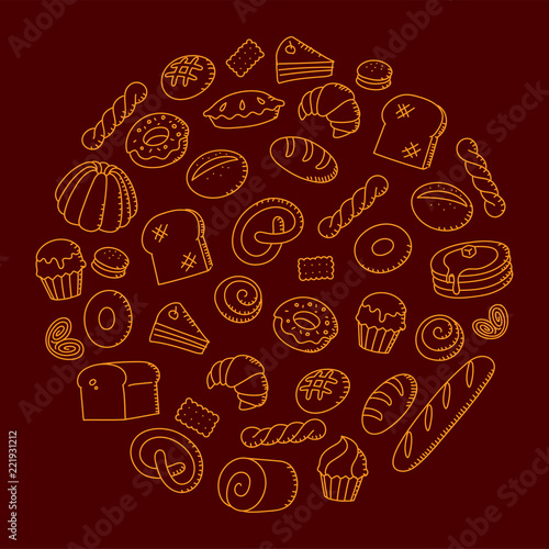 Bakery kids hand drawing set pattern background circle shape illustration orange color isolated on brown background