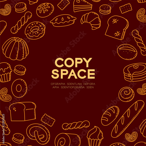 Bakery kids hand drawing set pattern background illustration orange color isolated on brown color background, with center copy space circle shape