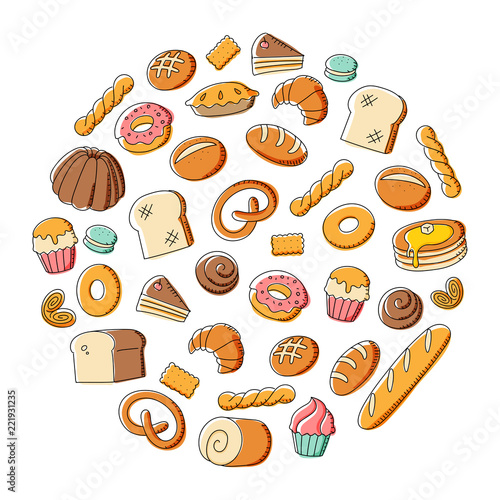 Bakery kids hand drawing set pattern background circle shape illustration colorful isolated on white background