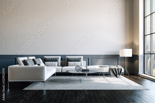 3d render of beautiful interior with sofa and wooden floor