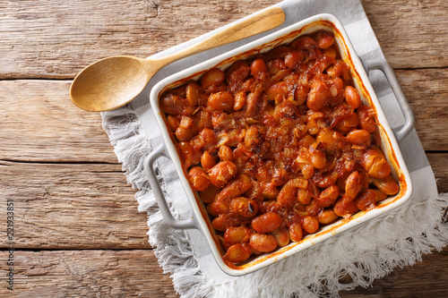 Cuadro en lienzo Baked spicy beans prebranac close-up in a baking dish