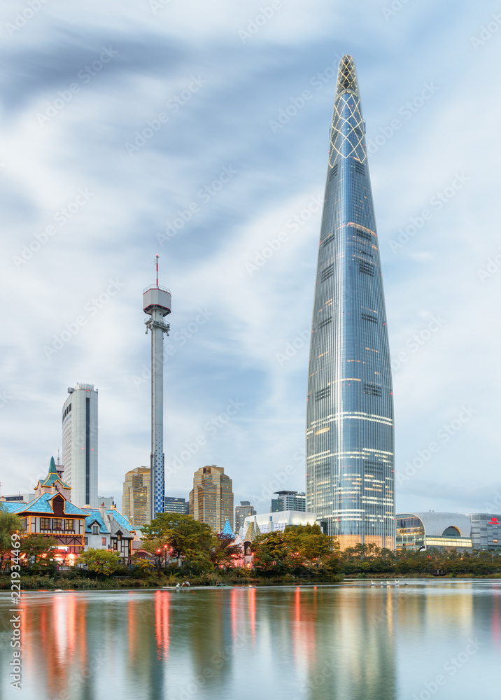 Amazing evening view of skyscraper by lake at downtown, Seoul