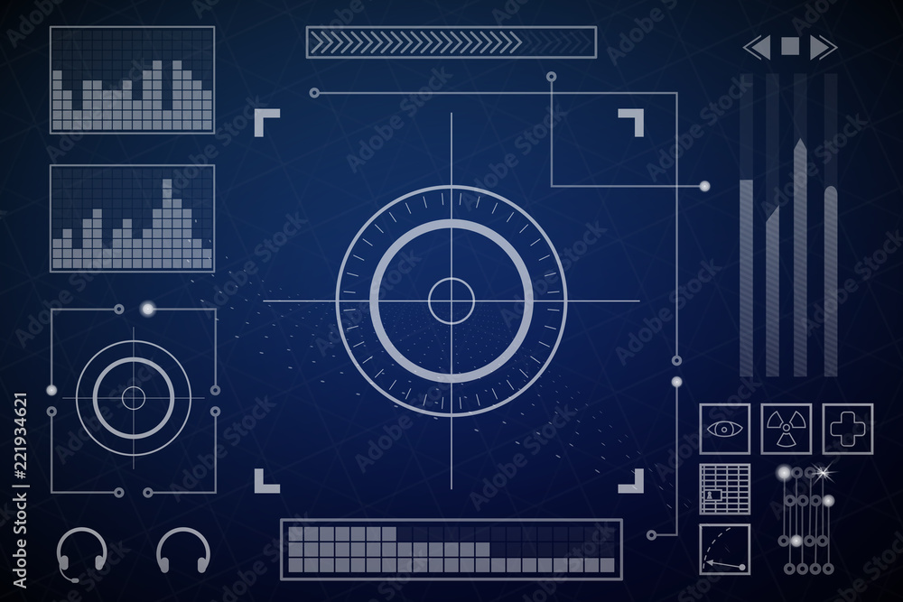 Futuristic screen. Charts and dashboards. Vector illustration. Blue and white colors. - obrazy, fototapety, plakaty 