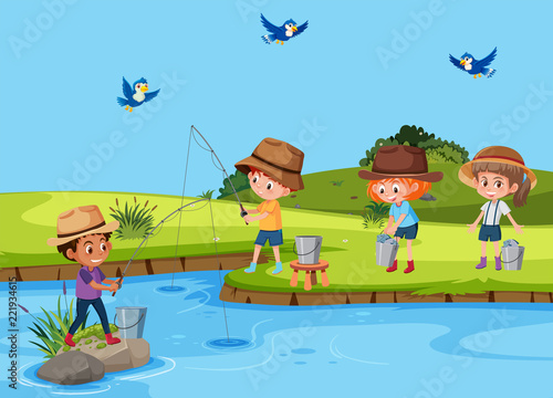 Set of children fishing in river